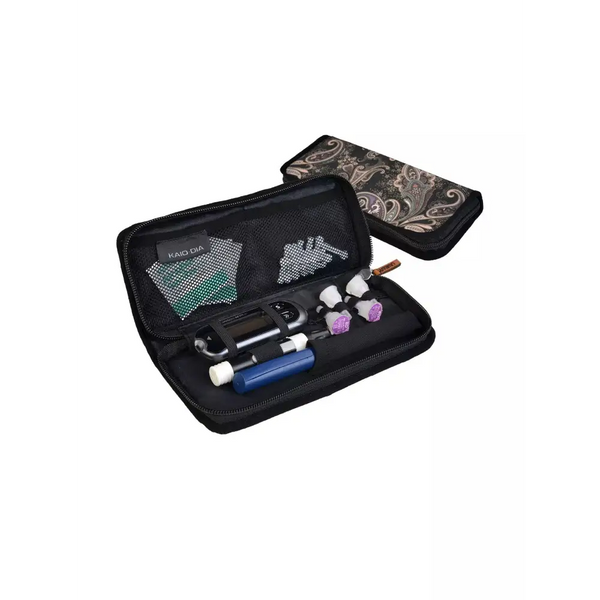 Insulin travel case with compartments for insulin pen, needles, and USB glucose meter.