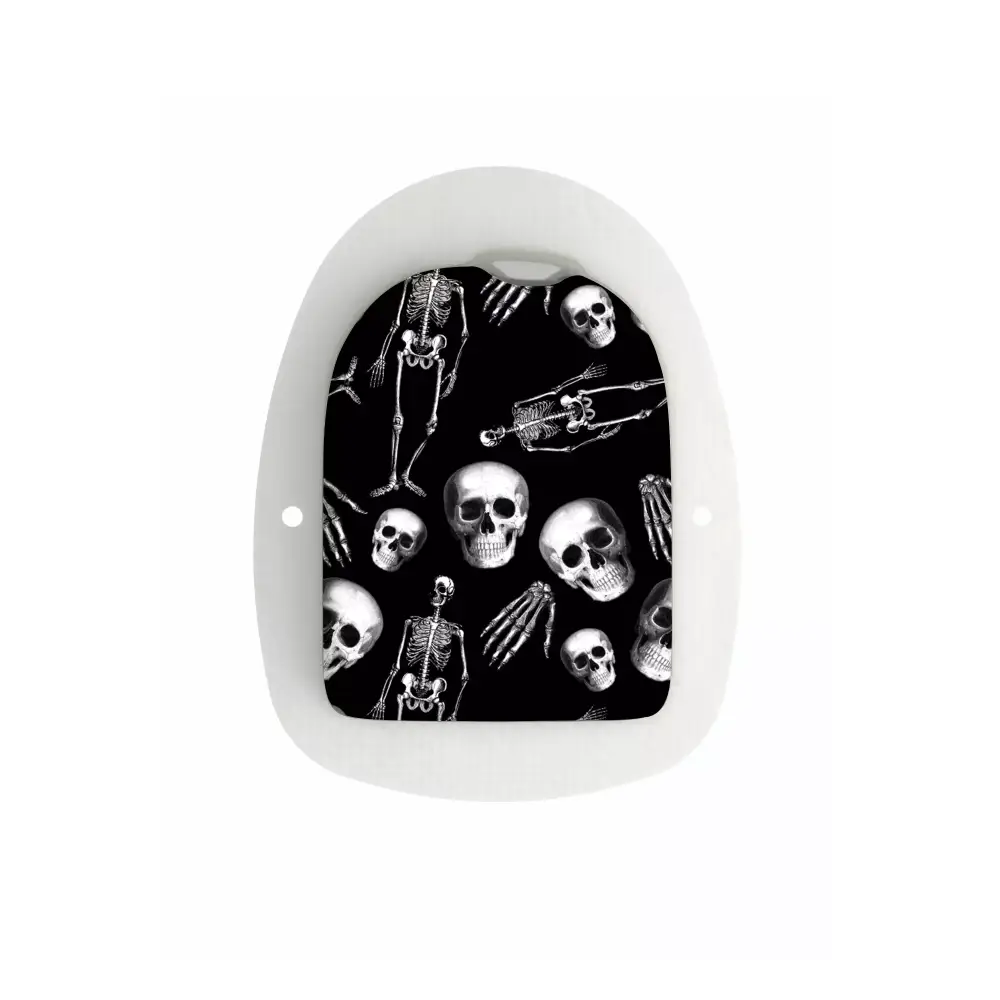 Omnipod Stickers - Skeletons and skulls design on a black background.