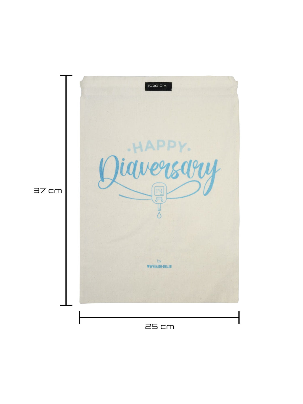 Kaio-Dia Diaversary Shoe Bag dimensions: 37 cm height by 25 cm width. 'Happy Diaversary' print displayed on the front with Kaio-Dia label on top.