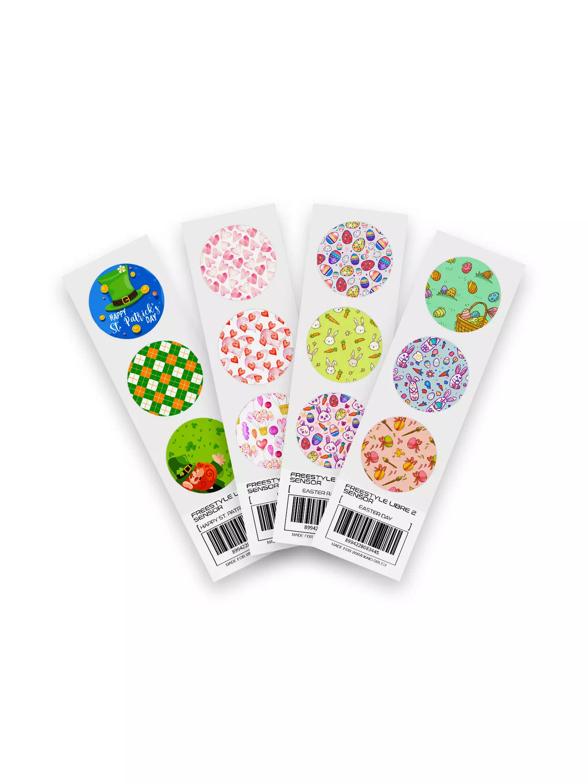 Easter-themed Freestyle Libre 2 sensor stickers set with colorful designs, containing three laminated stickers per set.