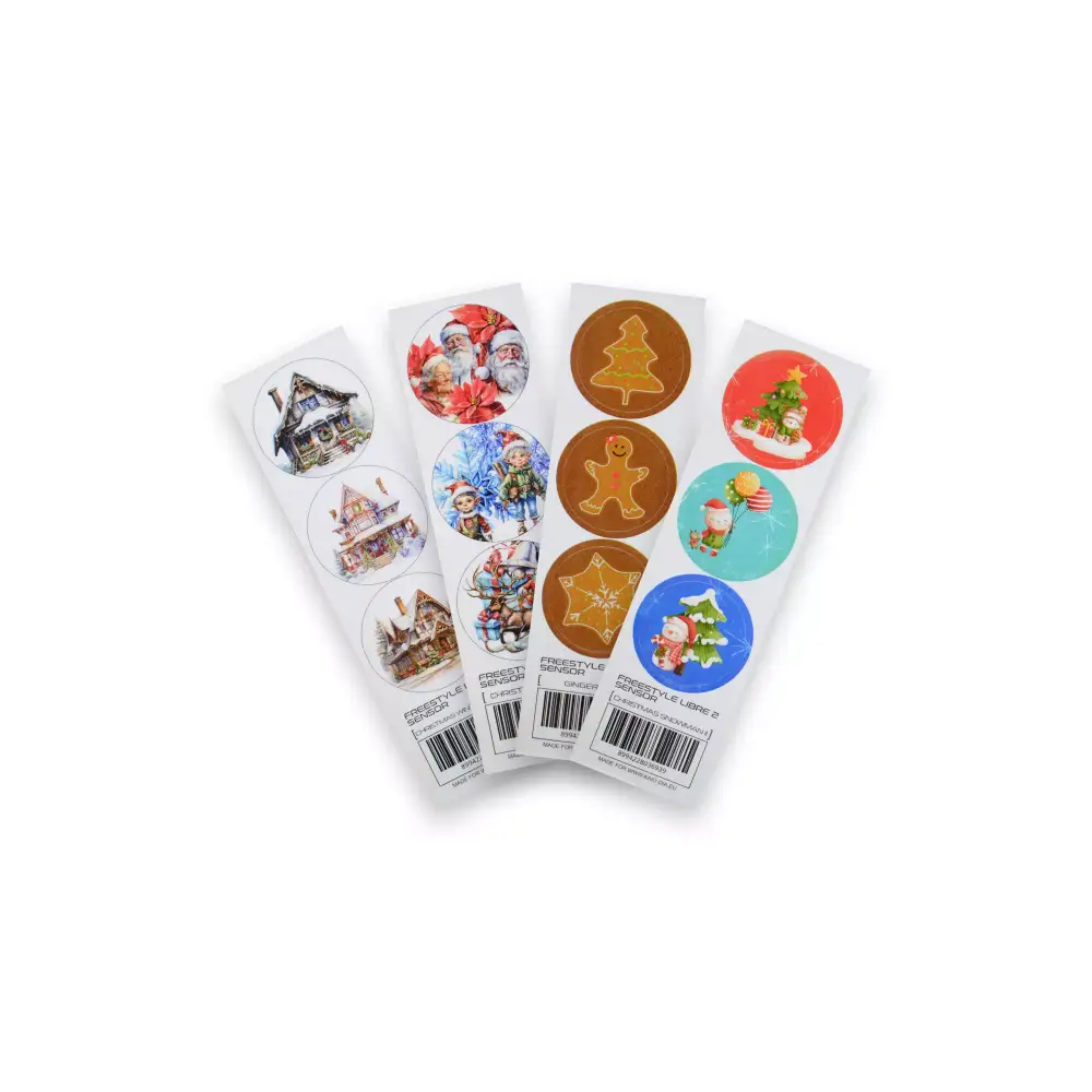 Freestyle Libre 1 & 2 Christmas Edition stickers with festive holiday designs.