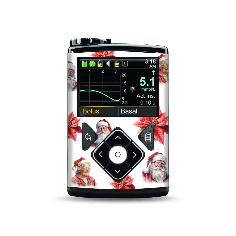 Medtronic MiniMed Insulin Pump decorated with Santa Claus and poinsettia for Christmas
