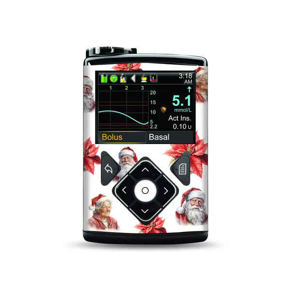 Medtronic MiniMed Insulin Pump decorated with Santa Claus and poinsettia for Christmas