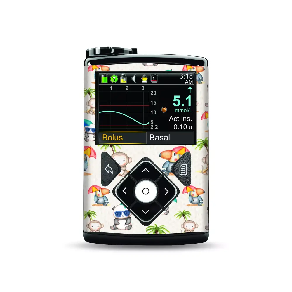 Medtronic MiniMed pump with Summer Edition tropical themed sticker.