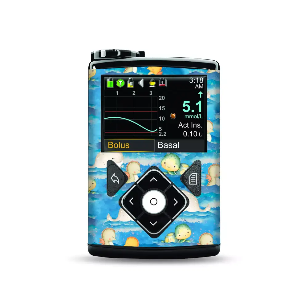 Medtronic MiniMed with Summer Edition sticker featuring tropical marine design.