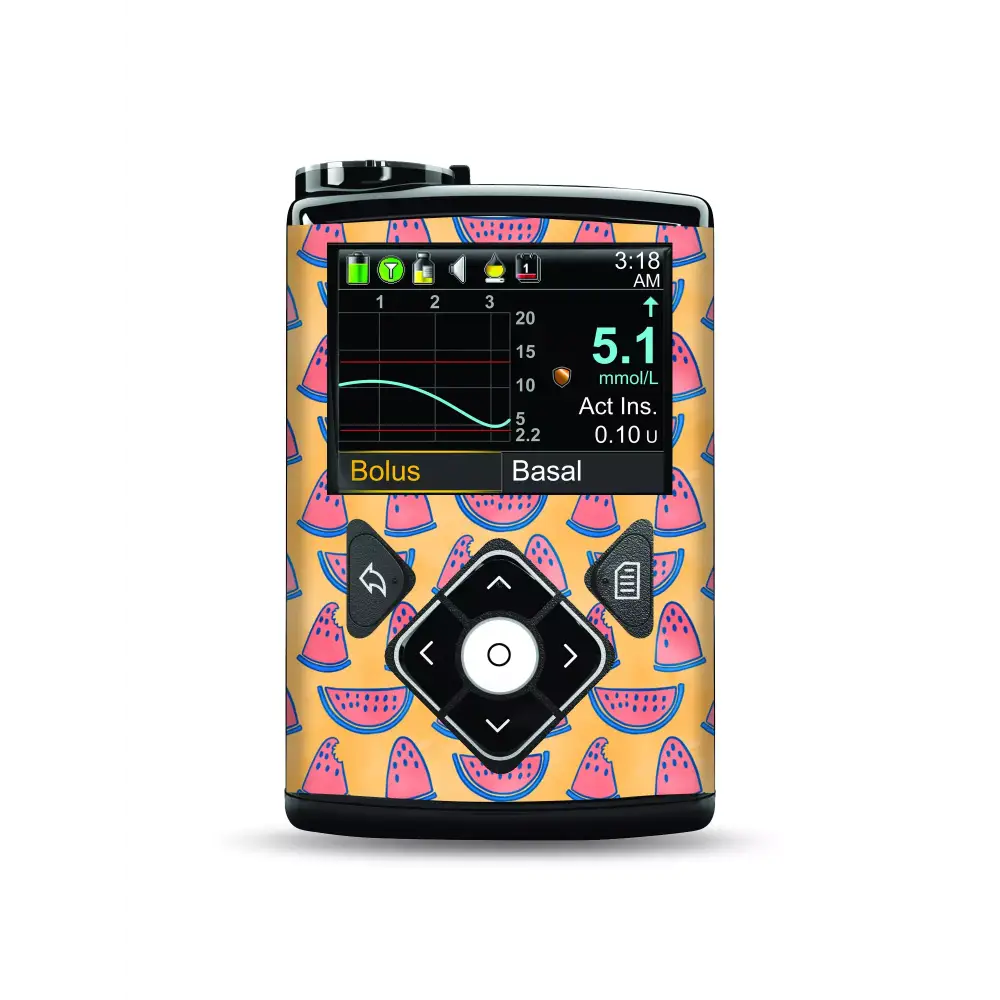 Medtronic MiniMed with Summer Edition stickers featuring watermelon design.
