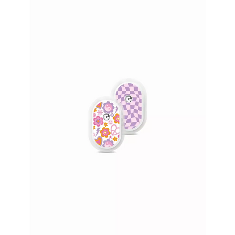 Y2K-themed stickers for Sibionics GS1 CGM with checkerboard and flower power patterns.