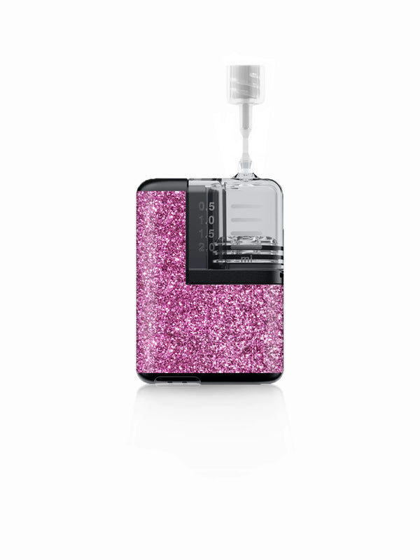 Pink Glitter sticker applied to a Tandem Mobi insulin pump