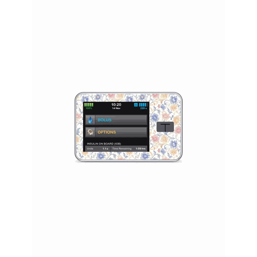Tandem T-Slim insulin pump with floral vinyl sticker, Spring Edition 2025.
