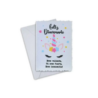 Inspiring Diaversary card with unicorn design and empowering Spanish message, includes envelope.