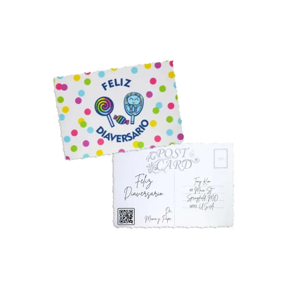Diaversary Postcards with vibrant polka dot design and festive icons, perfect for celebrating a diabetes anniversary.