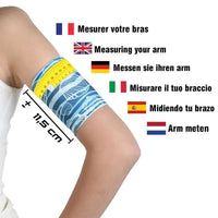 Glucose sensor armband for kids with beach and sea design, multi-language measuring guide, 11.5 cm length.