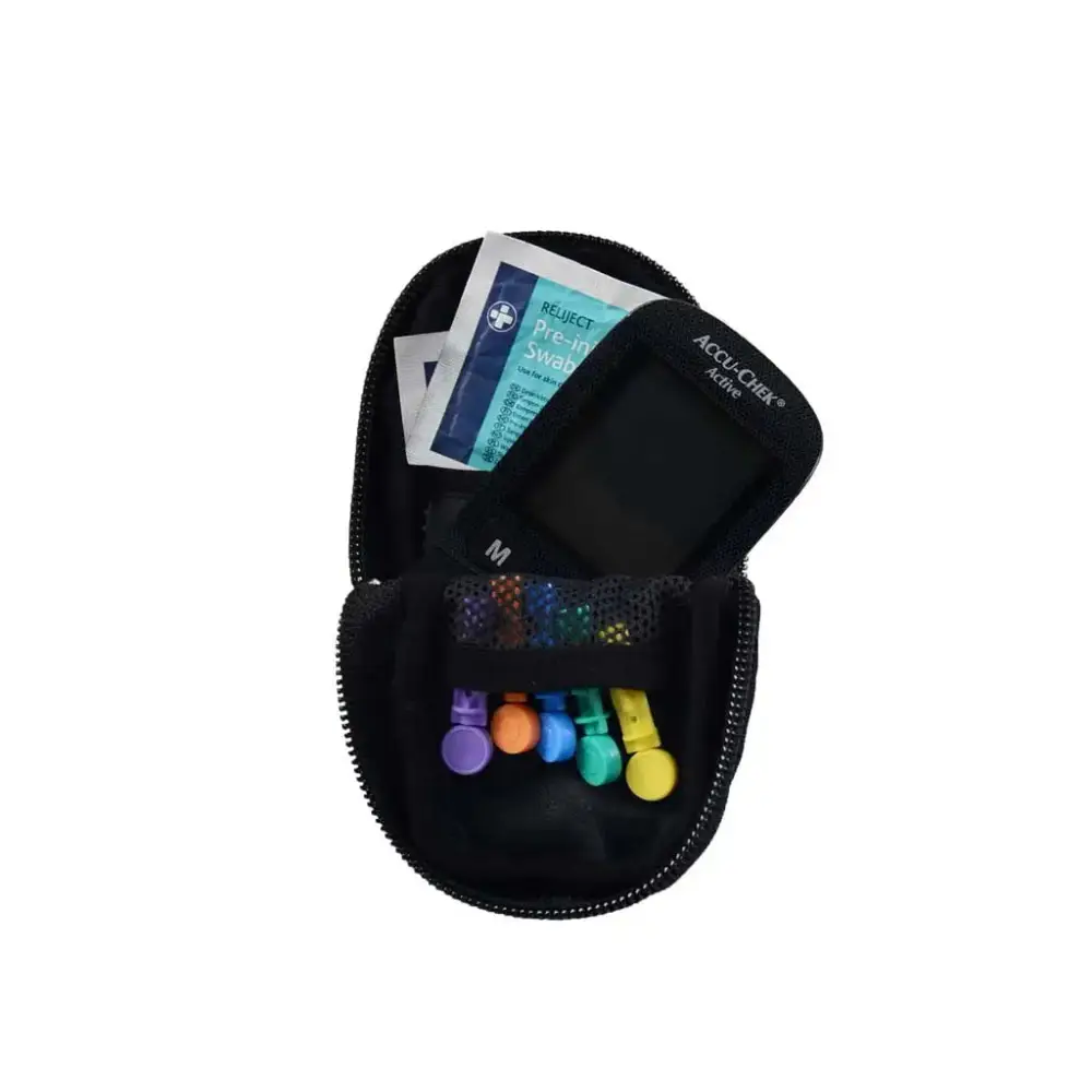 Compact black pouch for glucose meter with net pockets for needles and wipes, compatible with Dia-Utility Belt