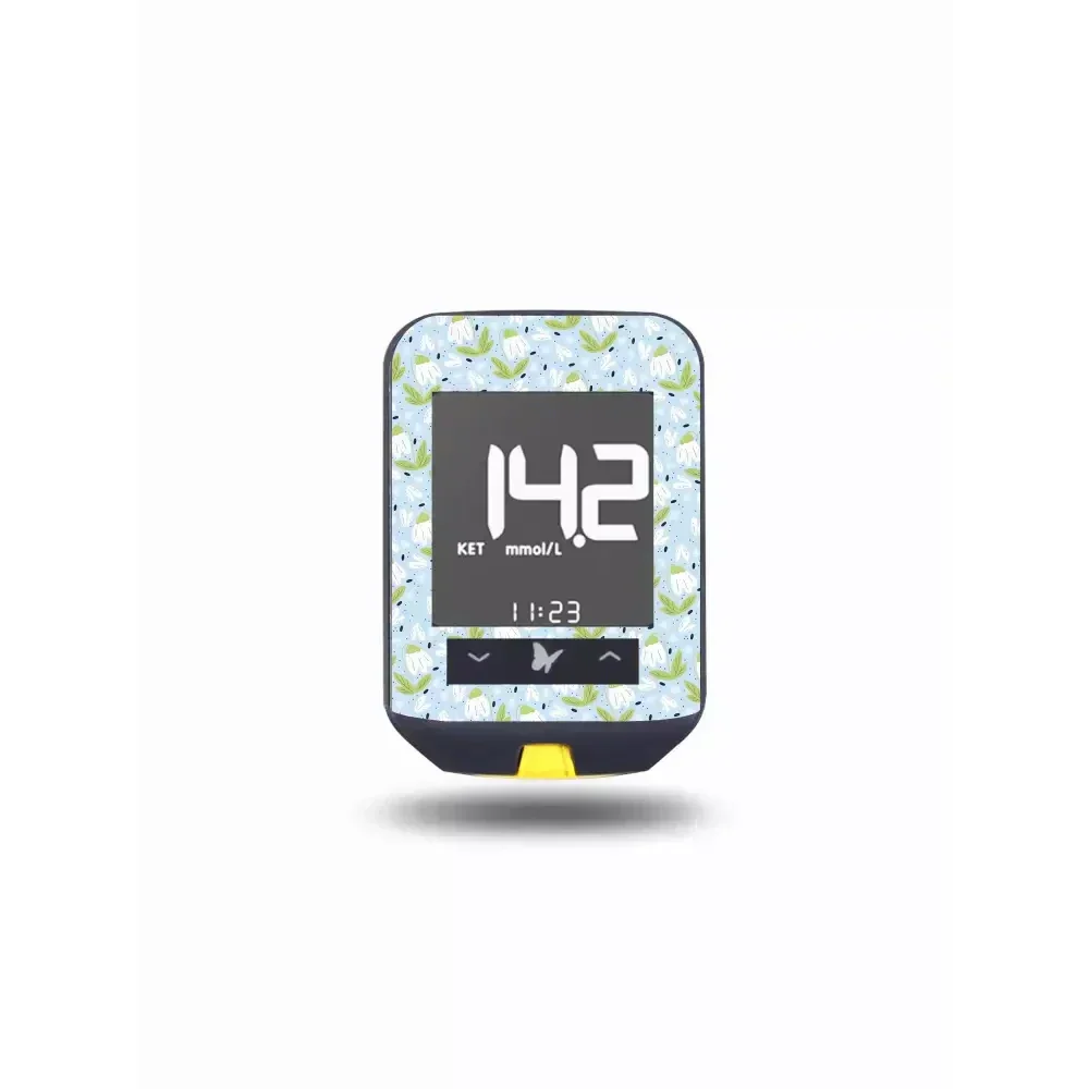Freestyle Optium Neo glucose meter with spring floral decorative sticker cover, water-resistant and easy to apply.