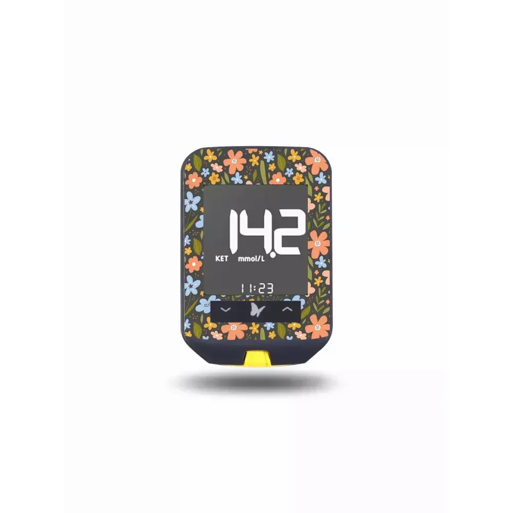 Freestyle Optium Neo glucose meter decorated with spring floral water-resistant stickers
