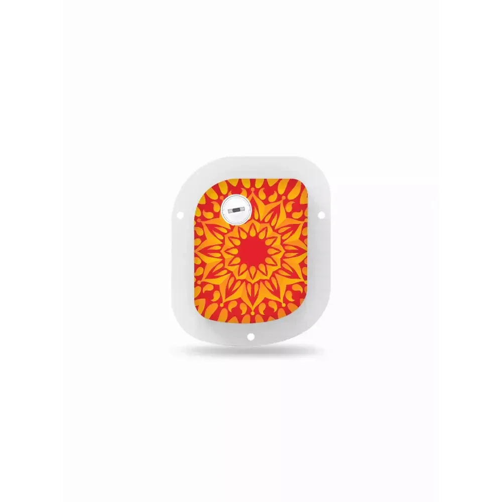 GlucoMen Day Patch Pump Sticker with vibrant red and yellow mandala design for insulin pump decoration