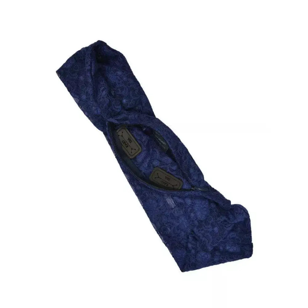 Insulin pump lace waist belt in navy with reinforced openings for infusion tubing.