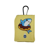 Insulin pump pouch for kids with cooling system, yellow design with shark illustration.