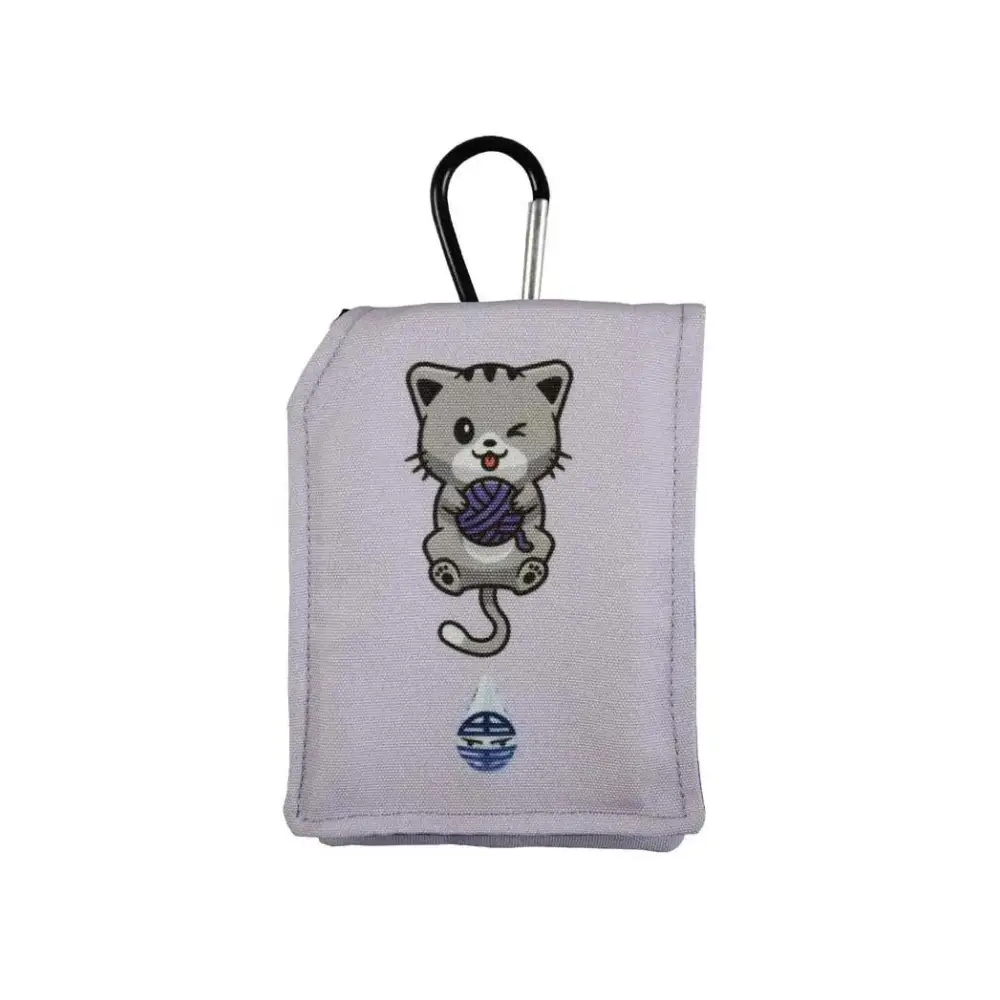 Insulin pump pouch for kids with cartoon design and carabiner attachment.