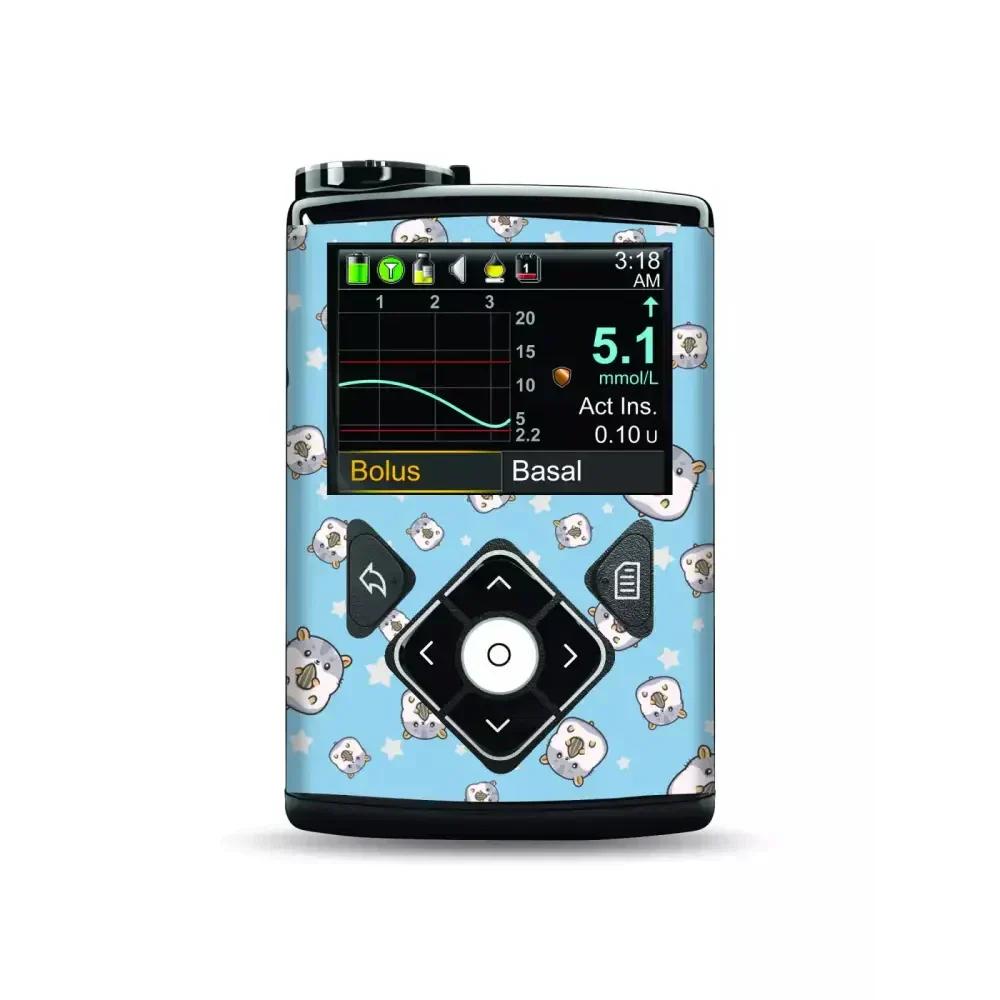 Medtronic MiniMed insulin pump with funny animal sticker design, water-resistant vinyl skin for 630G, 640G, 670G, and 770G models.