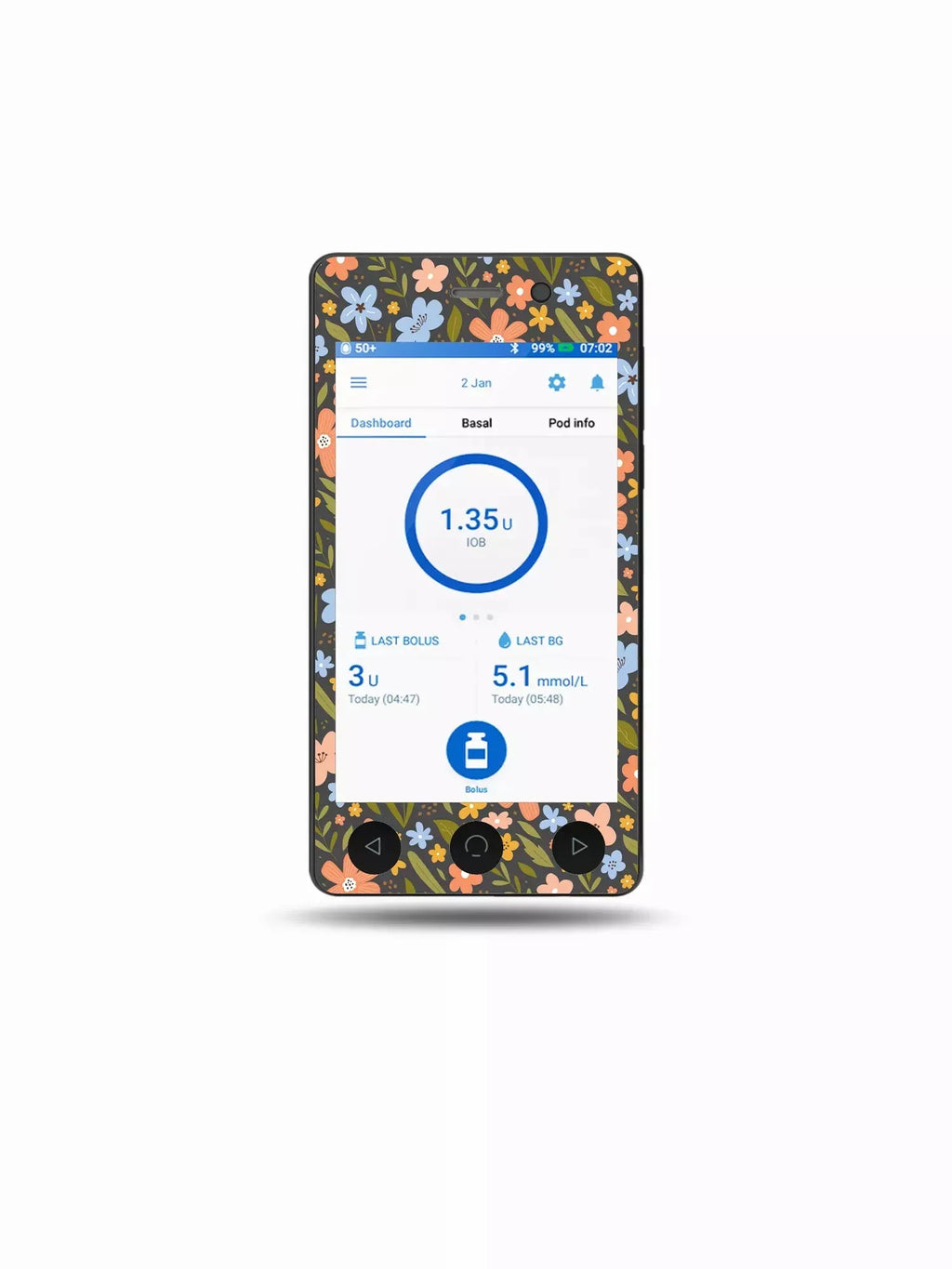 Floral Omnipod DASH stickers for spring decoration.