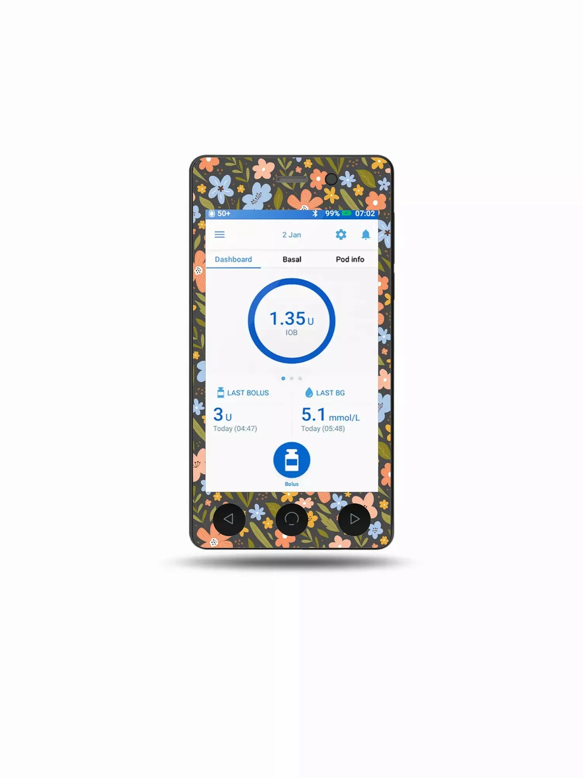 Floral Omnipod DASH stickers for spring decoration.