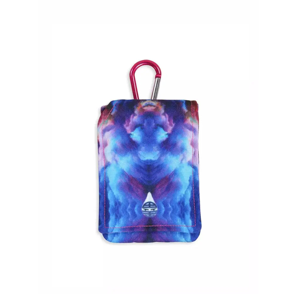 Colorful insulin pump pouch with cooling system and carabiner clip.