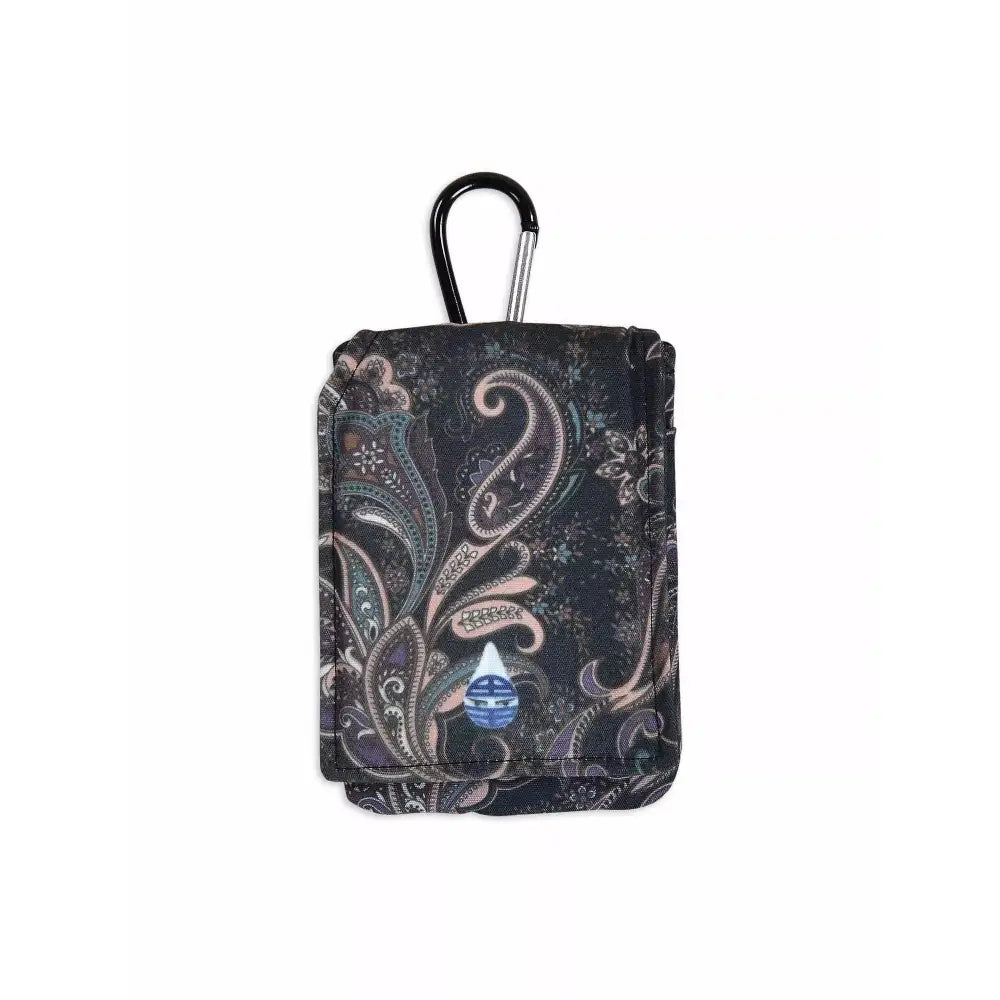 Stylish insulin pump pouch with cooling system, featuring paisley print, belt loop, and carabiner.