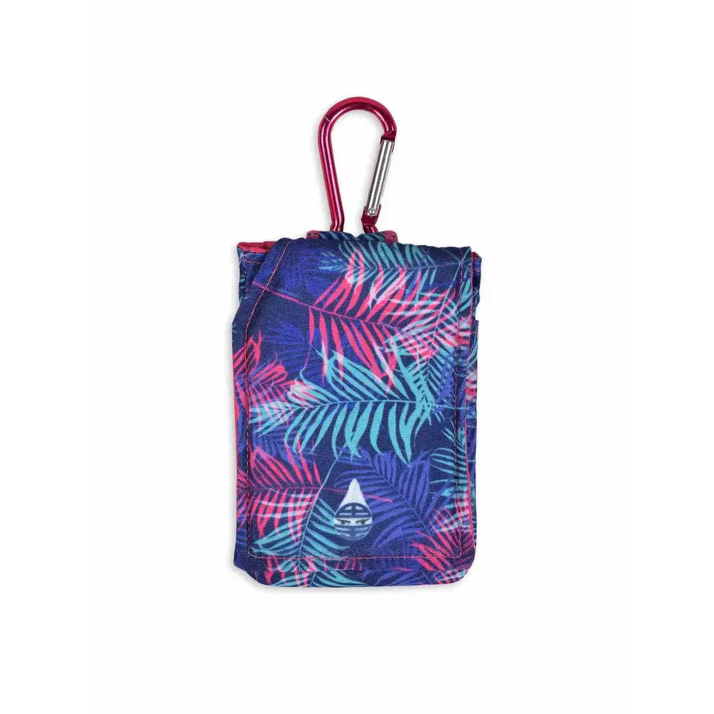 Insulin pump pouch with cooling system and carabiner in vibrant leaf print design.
