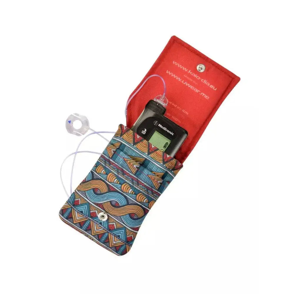 Stylish insulin pump pouch with cooling system in colorful prints, designed for type 1 diabetics and insulin pump users.