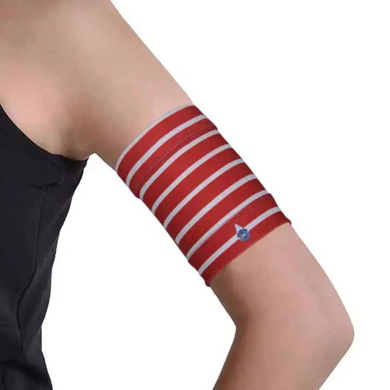 Trendy CGM arm band with red stripes, designed for secure glucose sensor and insulin pump placement.
