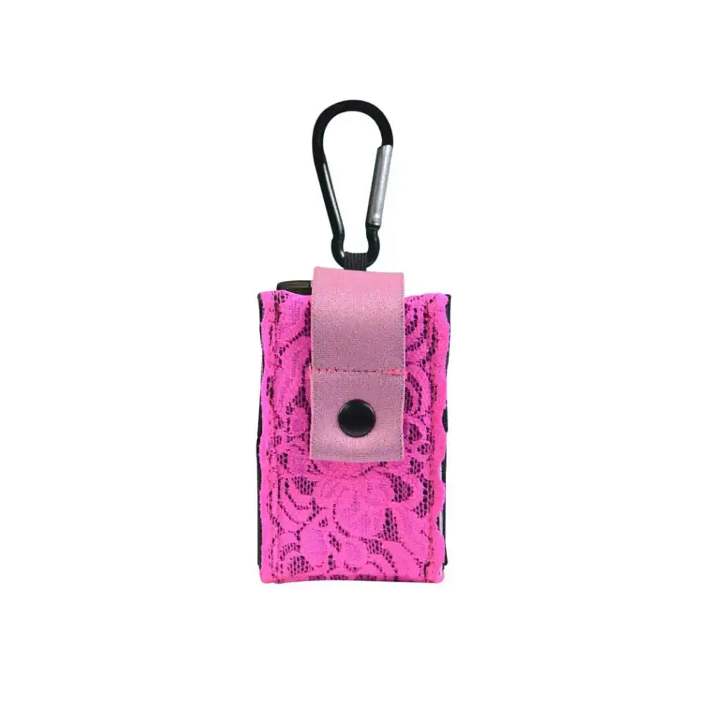 Universal lace insulin pump pouch with pink lace design and carabiner attachment.