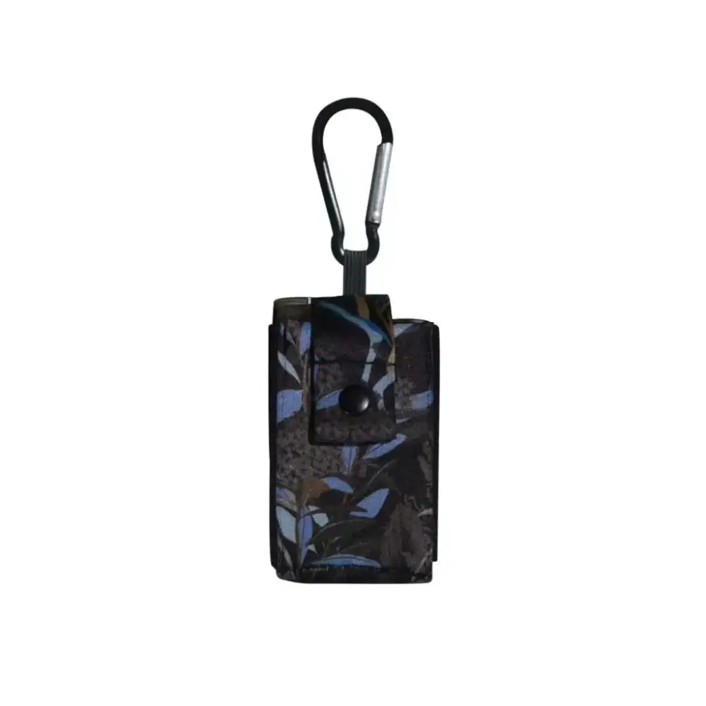 Universal pouch for insulin pump with carabiner, compact design in dark pattern.
